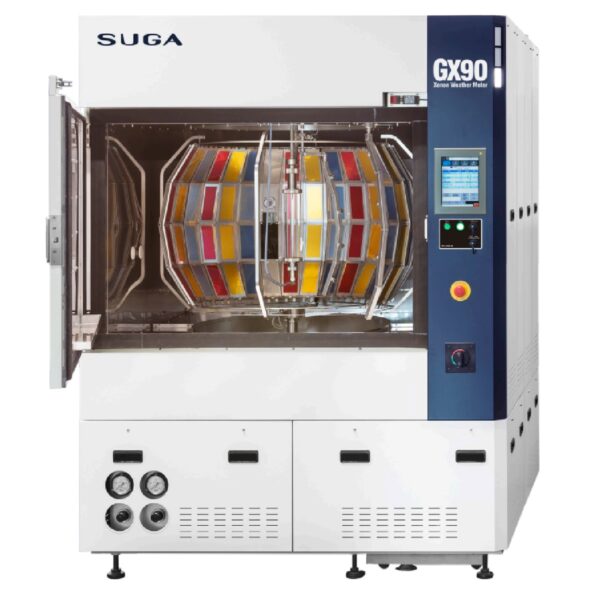 GX90 can test 126 specimens at one time. Has newly developed 9.0kW long arc xenon lamp with 3000 hours lamp life. In case of test condition 60W/m2 (300-400nm), Daylight Filter, BPT63°C, 50%rh. Provided by DKSH.